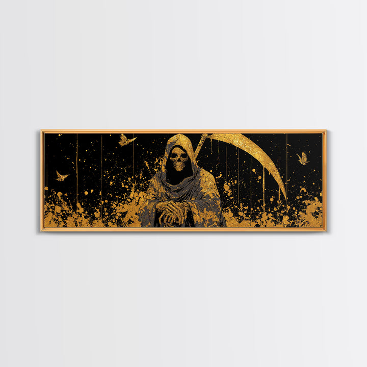 Thanatos Grim Reaper Gold Canvas Print, Mythology Inspired Wall Art, Real Wood Framed Canvas Artwork, Gothic Home Decor