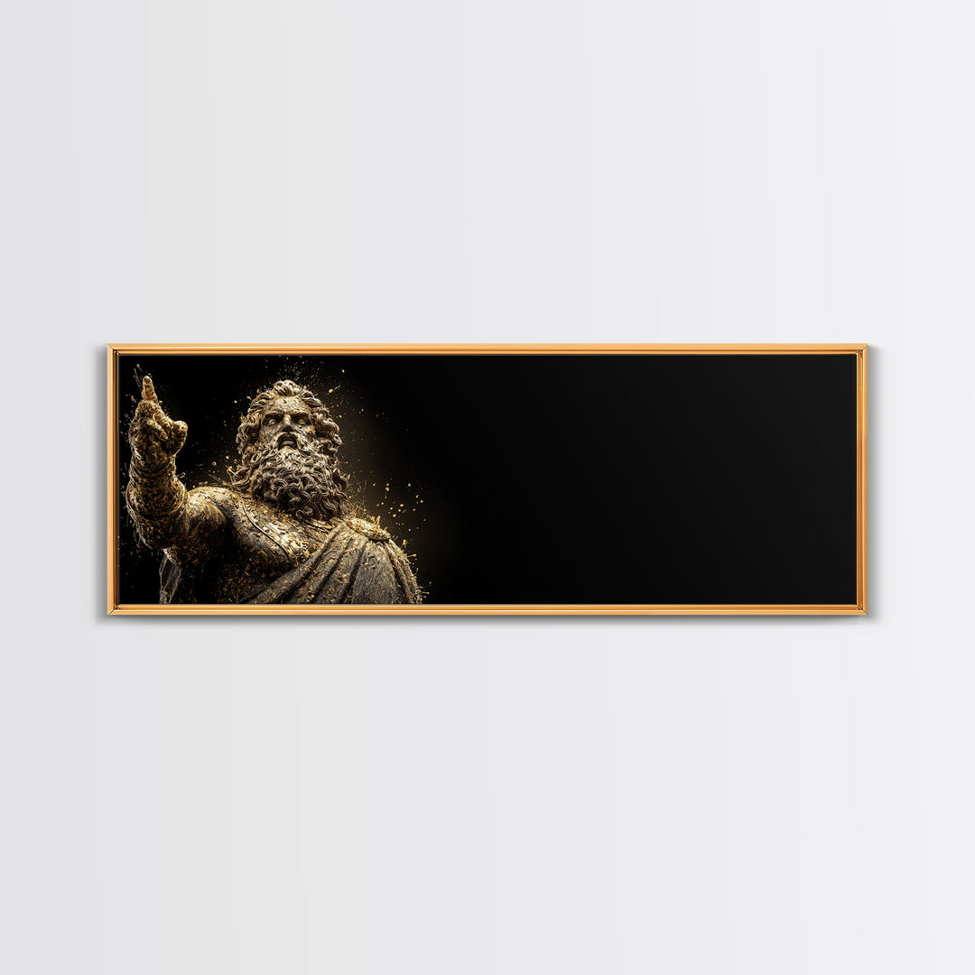 Zeus Statue Gold Canvas Print, Greek God Wall Art, Lightning King Decor, Real Wood Frame Mythology Inspired Artwork