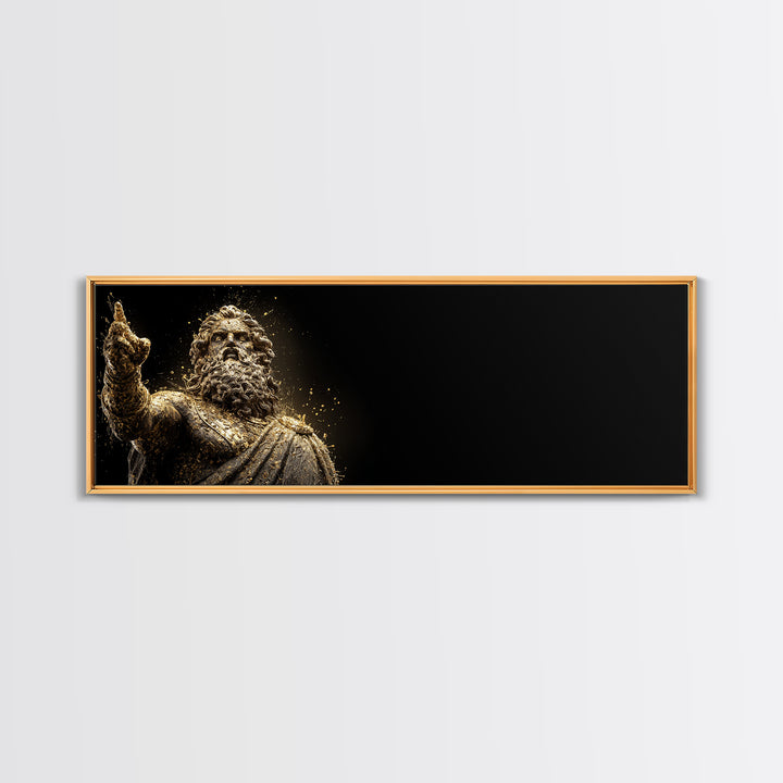 Zeus Statue Gold Canvas Print, Greek God Wall Art, Lightning King Decor, Real Wood Frame Mythology Inspired Artwork