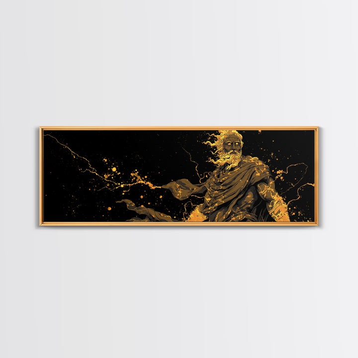 Zeus With Lightning Gold Canvas Art, Greek Mythology Canvas Print, Real Wood Frame Decor, Dramatic Wall Artwork For Home