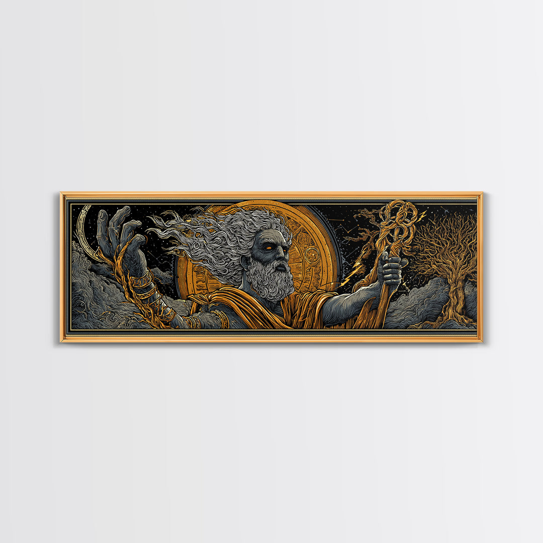 Zeus With Staff Gold Canvas Print, Greek God Wall Art, Regal Mythology Decor, Real Wood Frame Luxury Artwork