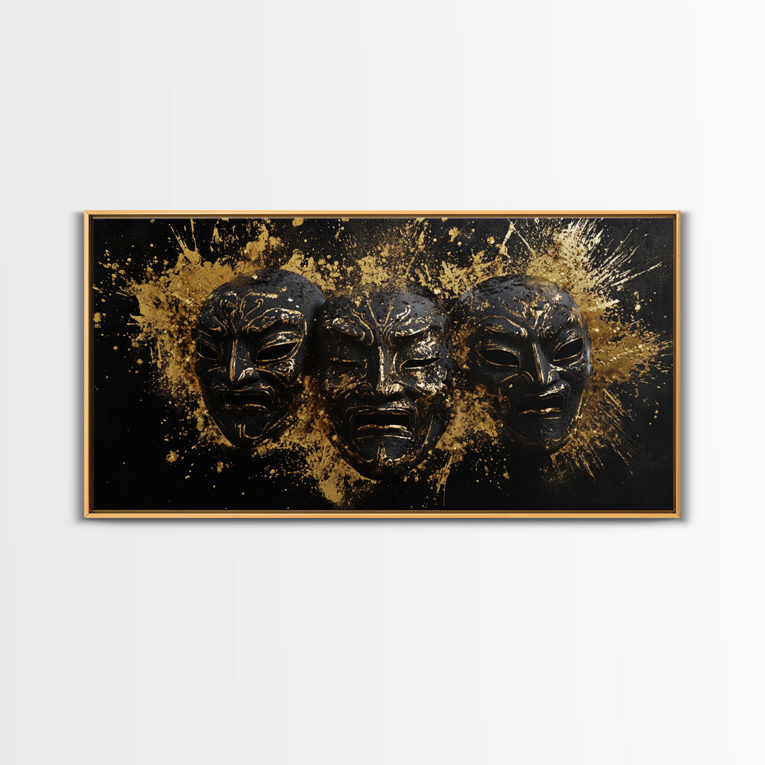 Tribal Drama Mask Gold Canvas Print, Abstract Splatter Art On Canvas, Real Wood Frame Wall Décor, Gothic Theater Artwork