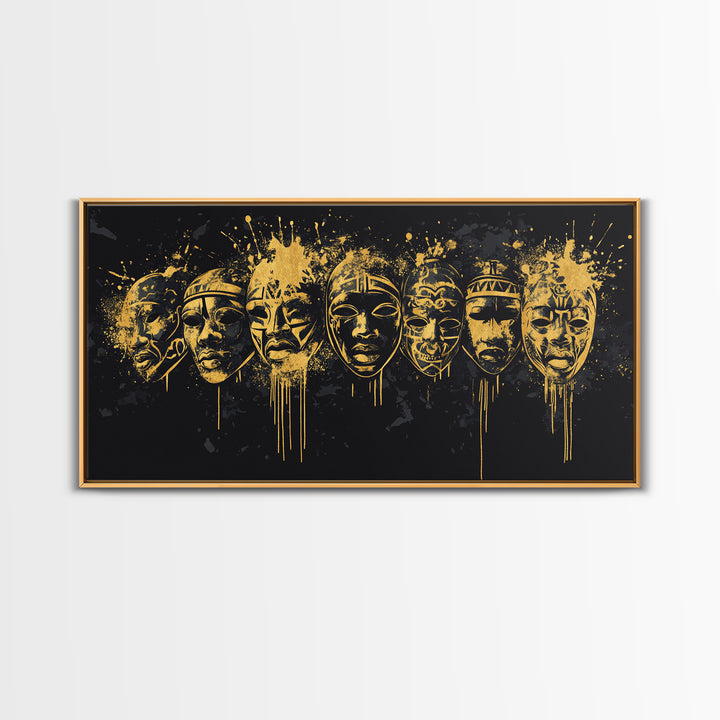 Intricate Regal Mask Gold Canvas Art, Ornate Splatter Canvas Print, Real Wood Frame Wall Décor, Dramatic Statement Artwork