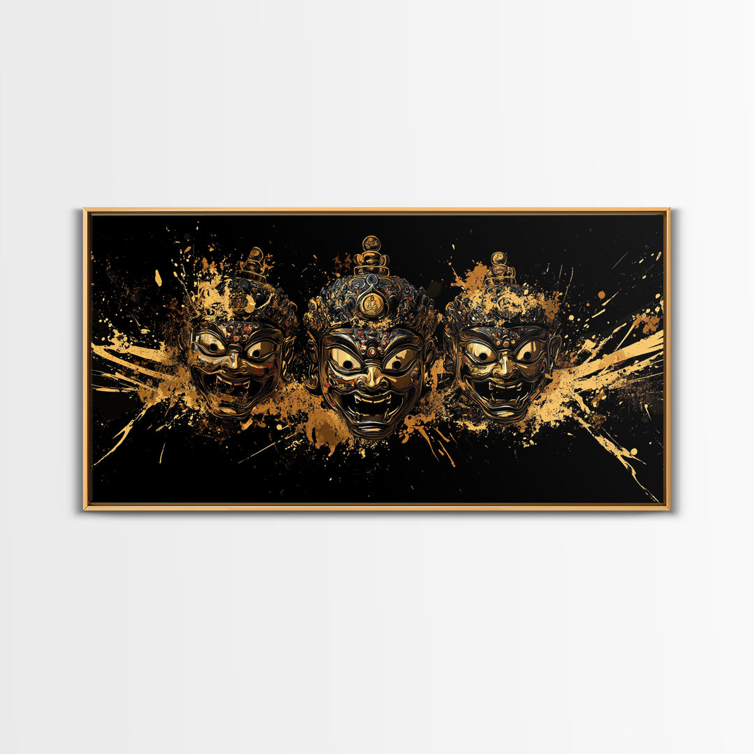 Theatrical Mask Gold Canvas Print, Gothic Splatter Art On Canvas, Real Wood Frame Wall Décor, Dark Drama Statement Art