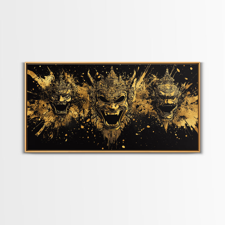 Royal Mask Gold Canvas Art, Splatter Canvas Print With Ornate Details, Real Wood Frame Wall Décor, Dramatic Theater Artwork