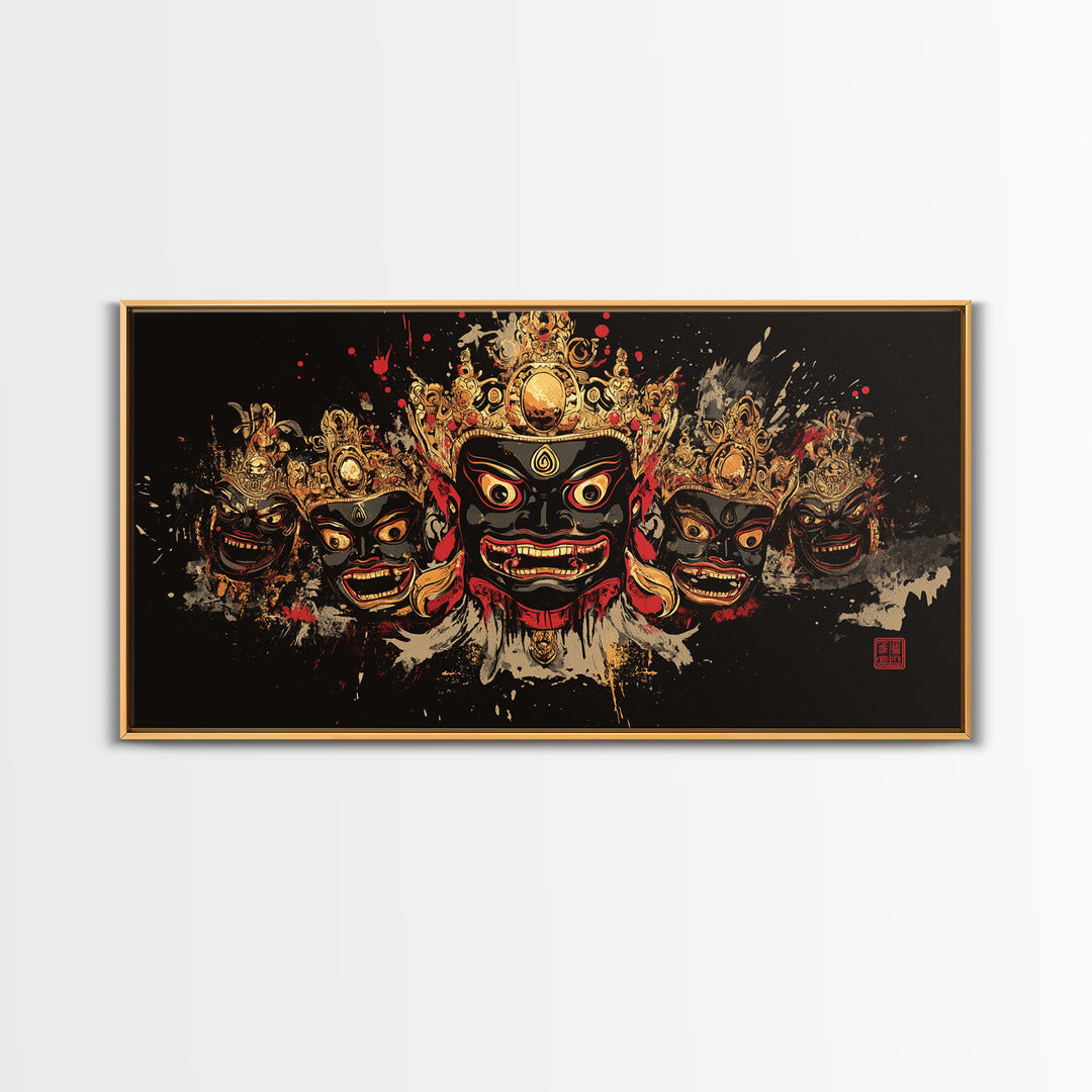 African Tribal Mask Gold Canvas Art, Ethnic Splatter Canvas Print, Real Wood Frame Wall Décor, Cultural Bold Statement Artwork