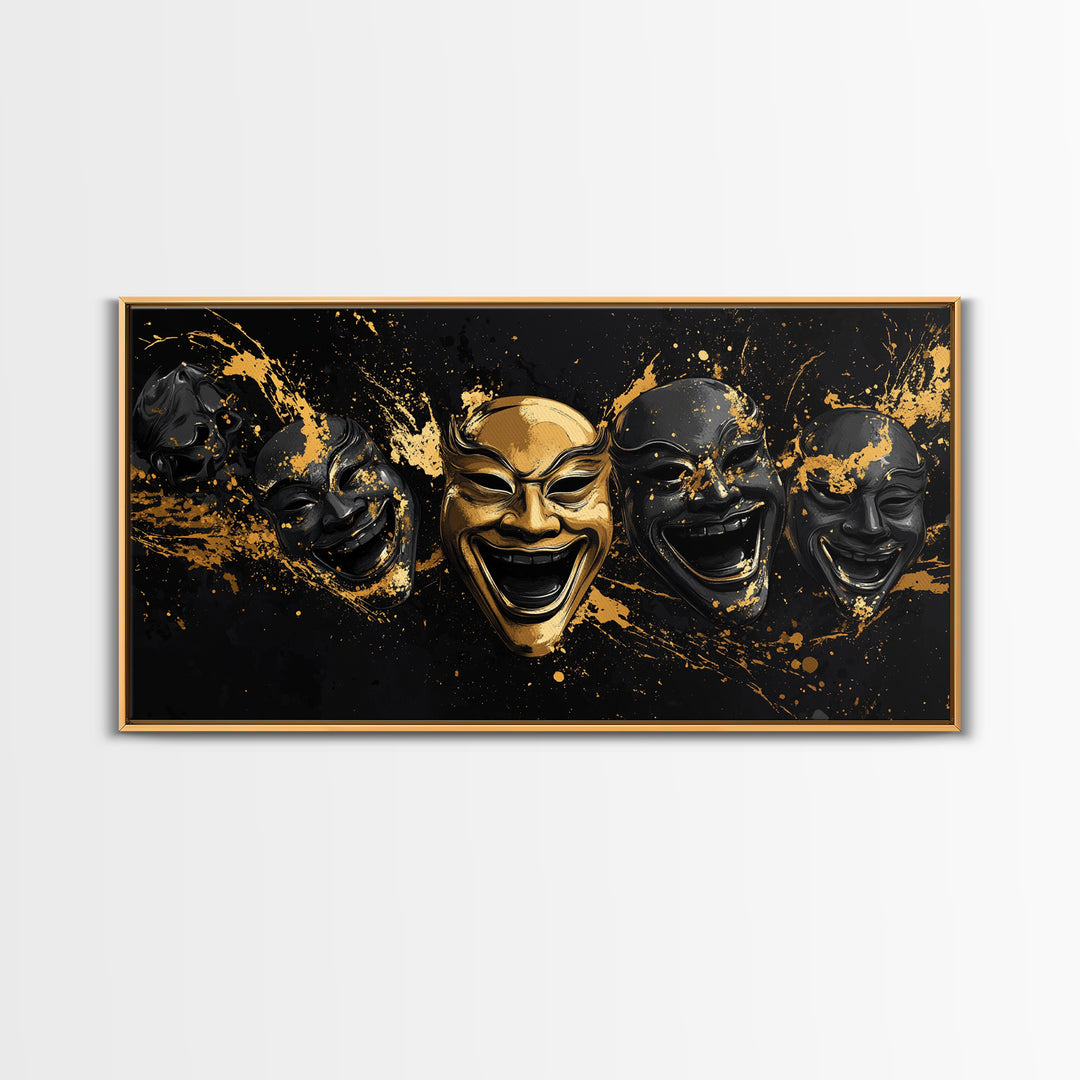 Fierce Demon Mask Gold Canvas Print, Splatter Abstract Mask Art On Canvas, Real Wood Frame Wall Décor, Bold Gothic Artwork
