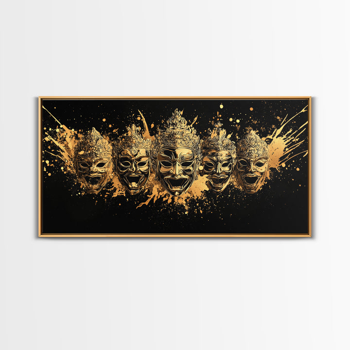 Warrior Mask Set Gold Canvas Art, Splatter Tribal Mask Canvas Print, Real Wood Frame Wall Décor, Dramatic Cultural Statement Art