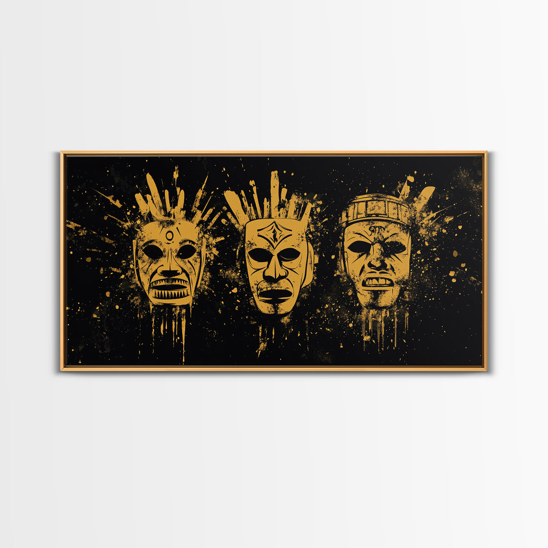 Mystical Sacred Mask Gold Canvas Art, Ornate Splatter Mask Canvas Print, Real Wood Frame Wall Décor, Spiritual Bold Statement Artwork