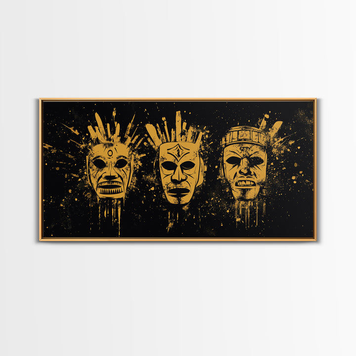 Mystical Sacred Mask Gold Canvas Art, Ornate Splatter Mask Canvas Print, Real Wood Frame Wall Décor, Spiritual Bold Statement Artwork
