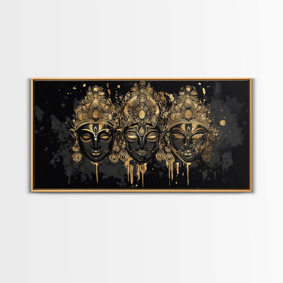 Ornate Demon Mask Gold Canvas Print, Splatter Tribal Art On Canvas, Real Wood Frame Wall Décor, Fierce Gothic Statement Artwork