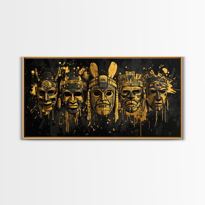 Mythical Demon Mask Gold Canvas Art, Splatter Fierce Mask Canvas Print, Real Wood Frame Wall Décor, Bold Dramatic Statement Artwork