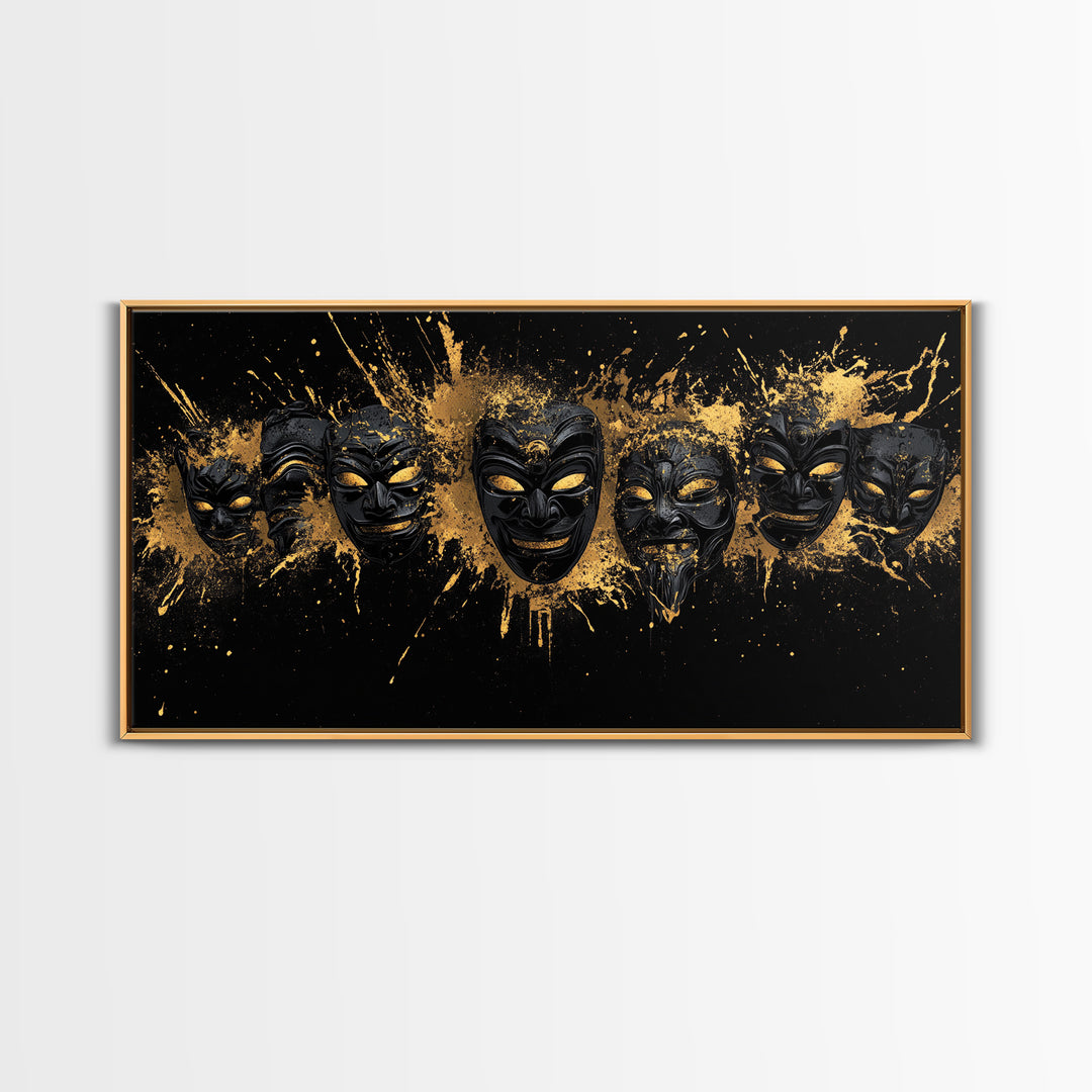 Fiery Demon Mask Gold Canvas Print, Ornate Splatter Mask Art On Canvas, Real Wood Frame Wall Décor, Bold Cultural Wall Artwork