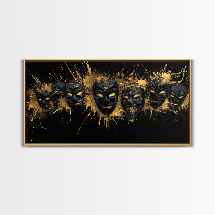 Fiery Demon Mask Gold Canvas Print, Ornate Splatter Mask Art On Canvas, Real Wood Frame Wall Décor, Bold Cultural Wall Artwork