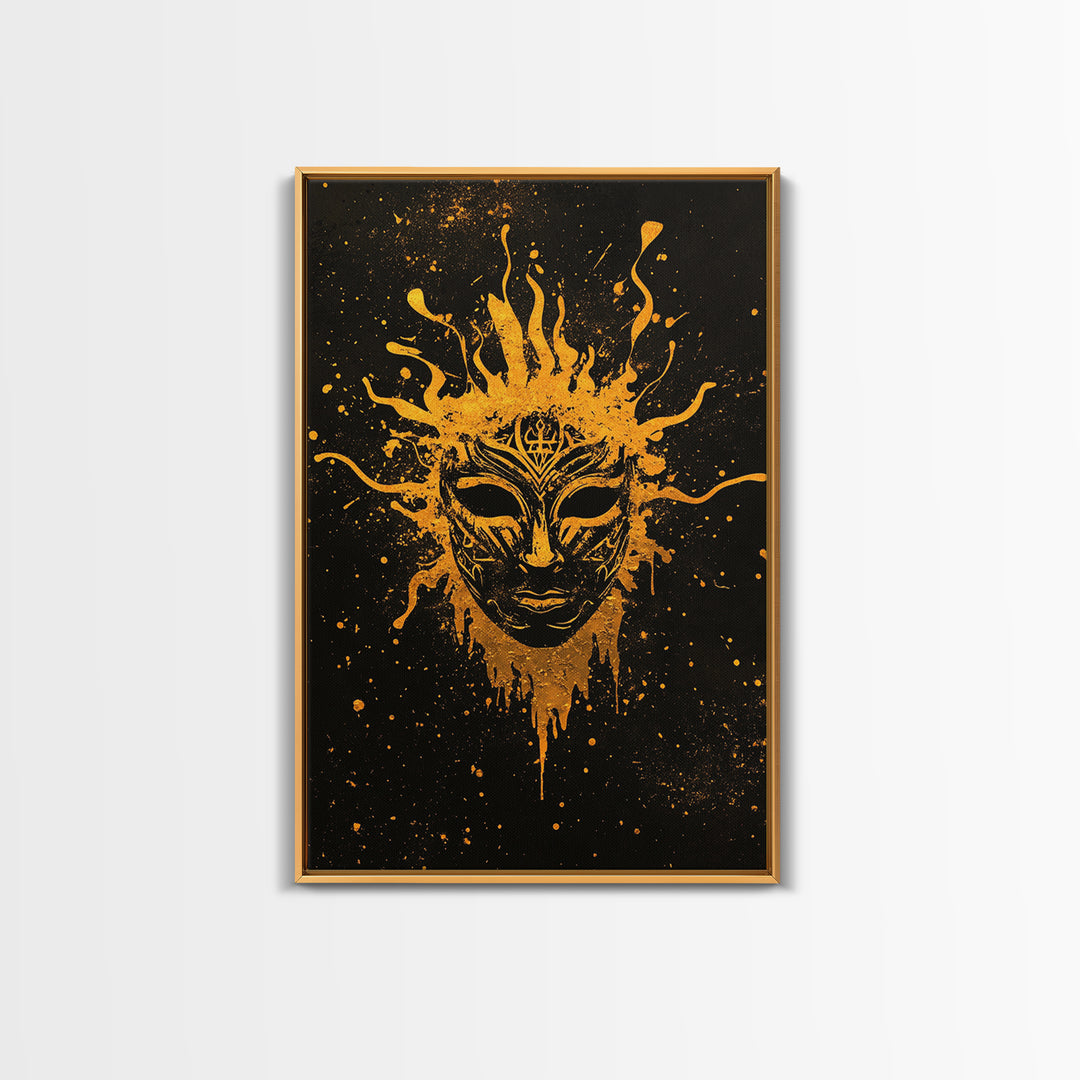 Mystical Tribal Mask Gold Canvas Print, Abstract Face Art, Splatter Style Wall Decor, Real Wood Frame
