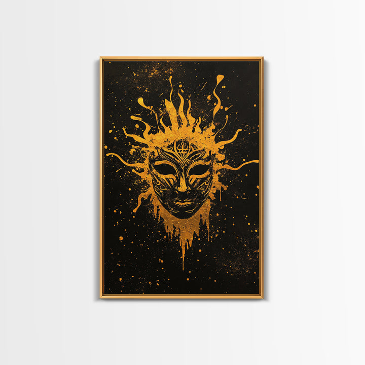 Mystical Tribal Mask Gold Canvas Print, Abstract Face Art, Splatter Style Wall Decor, Real Wood Frame