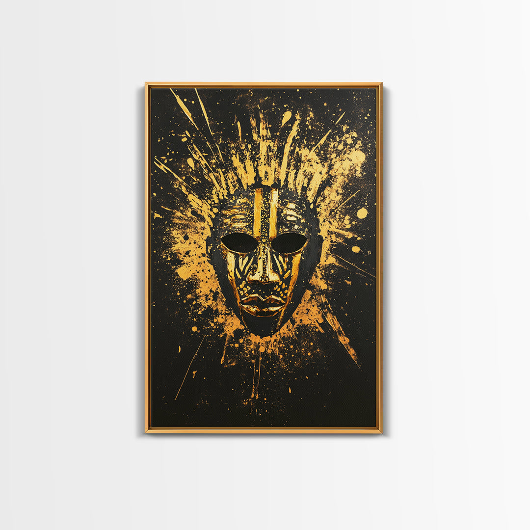 Ancient African Mask Gold Canvas Print, Bold Face Art, Ethnic Splatter Wall Decor, Real Wood Frame