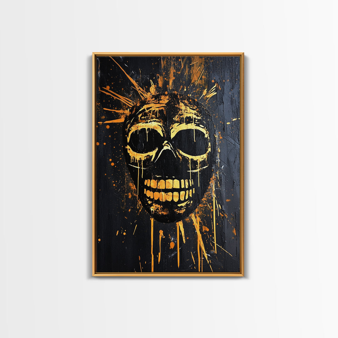 Golden Skull Mask Gold Canvas Print, Dark Gothic Face Art, Horror Splatter Wall Decor, Real Wood Frame