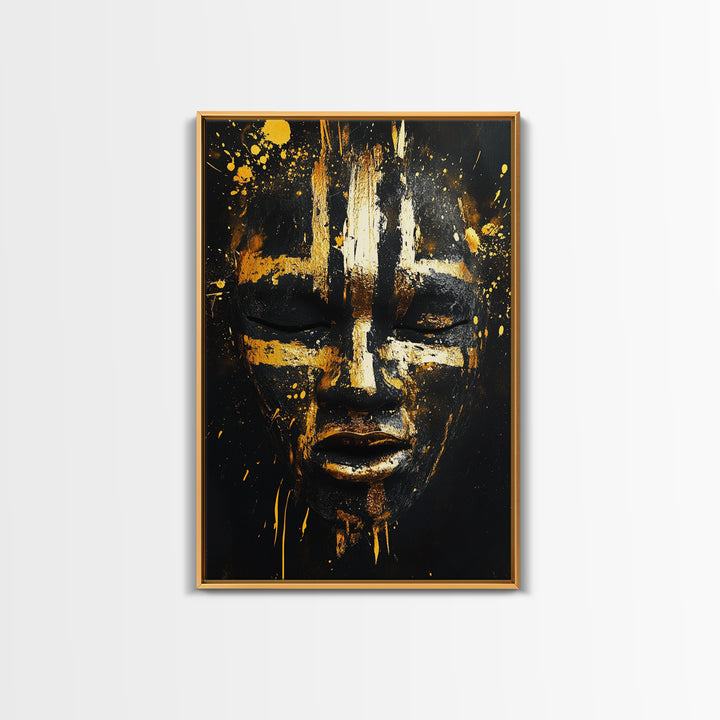Abstract Painted Mask Gold Canvas Print, Tribal Face Art, Bold Modern Wall Decor, Real Wood Frame