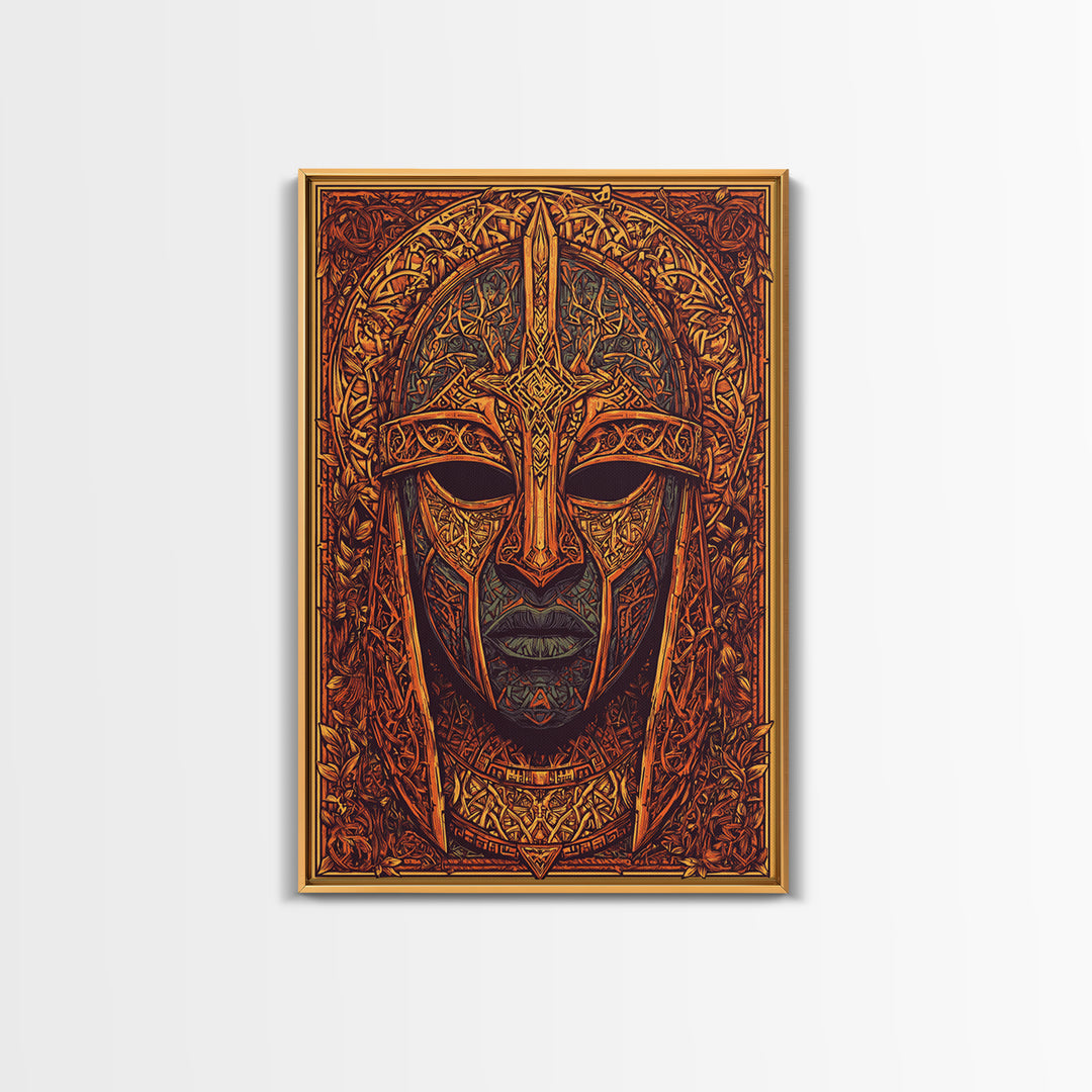 Celtic Warrior Mask Gold Canvas Print, Ornate Medieval Armor Face Art, Mythic Wall Decor, Real Wood Frame
