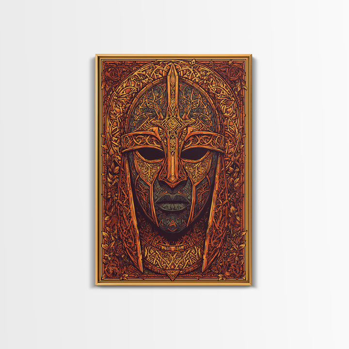 Celtic Warrior Mask Gold Canvas Print, Ornate Medieval Armor Face Art, Mythic Wall Decor, Real Wood Frame