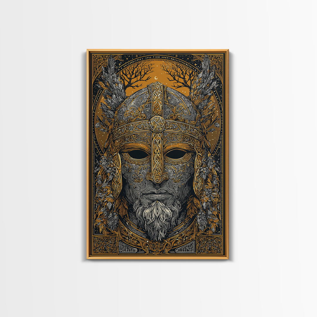 Viking Warrior Mask Gold Canvas Print, Norse Mythology Face Art, Ornate Medieval Wall Decor, Real Wood Frame