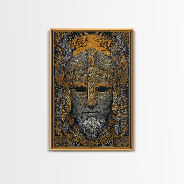 Viking Warrior Mask Gold Canvas Print, Norse Mythology Face Art, Ornate Medieval Wall Decor, Real Wood Frame