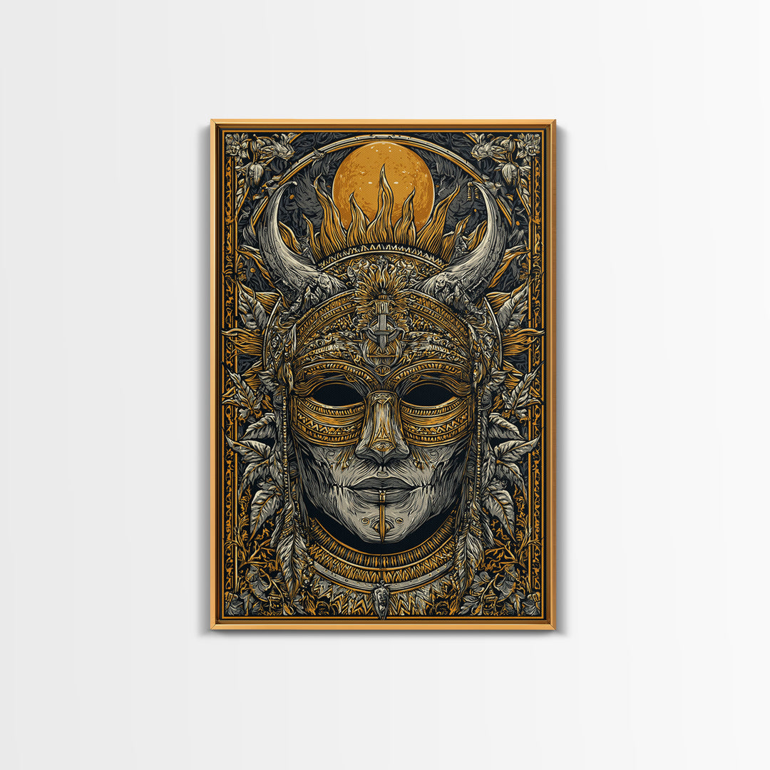 Horned Tribal Mask Gold Canvas Print, Ethnic Warrior Face Art, Ornate Mythic Wall Decor, Real Wood Frame