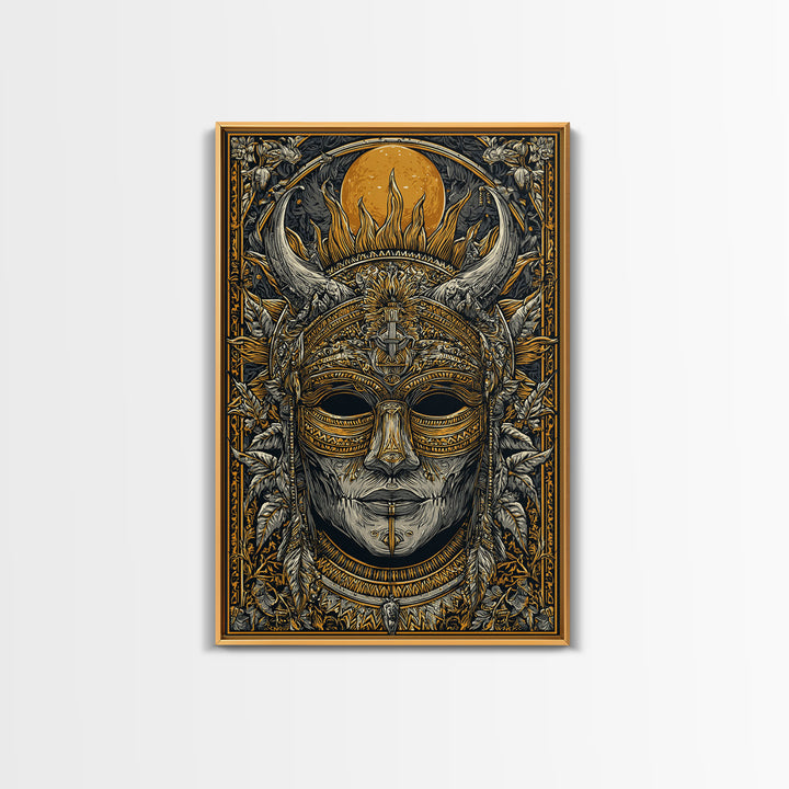 Horned Tribal Mask Gold Canvas Print, Ethnic Warrior Face Art, Ornate Mythic Wall Decor, Real Wood Frame