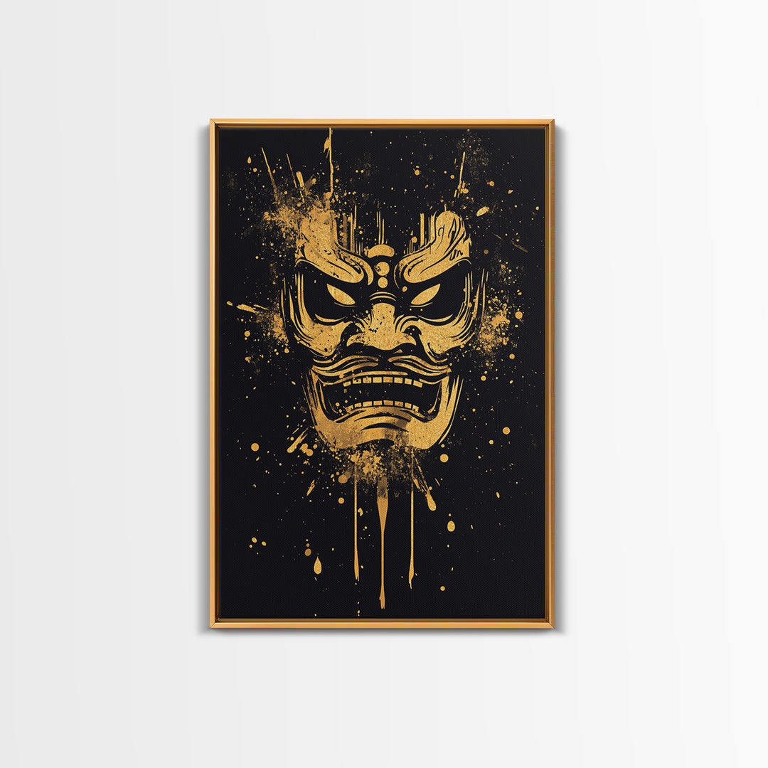Samurai Oni Mask Gold Canvas Print, Japanese Demon Face Art, Splatter Ink Wall Decor, Real Wood Frame