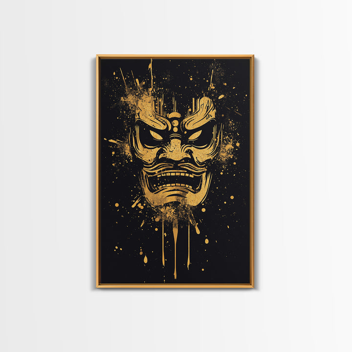 Samurai Oni Mask Gold Canvas Print, Japanese Demon Face Art, Splatter Ink Wall Decor, Real Wood Frame