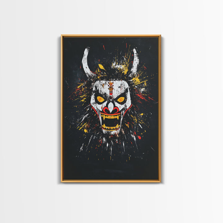 Fiery Demon Mask Gold Canvas Print, Japanese Oni Face Art, Tribal Splatter Style Wall Decor, Real Wood Frame