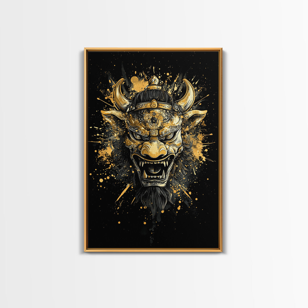 Fierce Demon Mask Gold Canvas Print, Mythical Beast Face Art, Splatter Style Wall Decor, Real Wood Frame