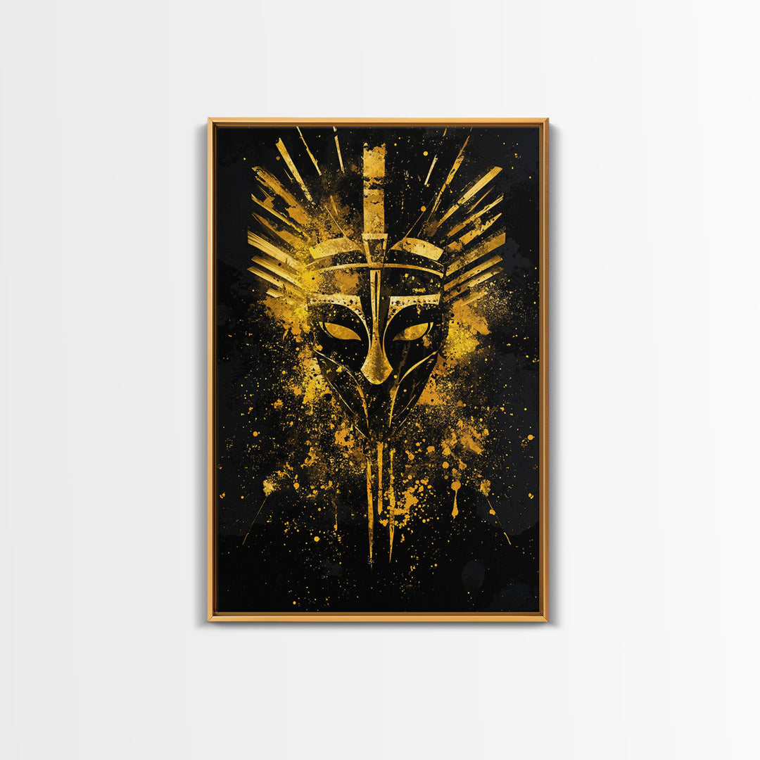 Ancient Warrior Mask Gold Canvas Print, Bold Tribal Face Art, Splatter Ink Wall Decor, Real Wood Frame