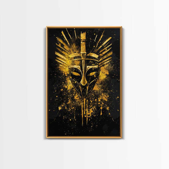 Ancient Warrior Mask Gold Canvas Print, Bold Tribal Face Art, Splatter Ink Wall Decor, Real Wood Frame