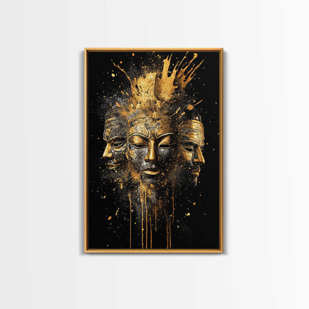 Three Faces Mask Gold Canvas Print, Abstract Spiritual Face Art, Splatter Style Wall Decor, Real Wood Frame