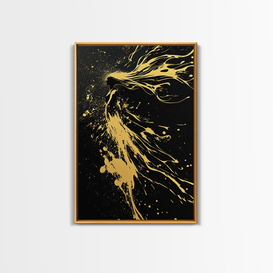Golden Spirit Woman Gold Canvas Art, Flowing Abstract Female Silhouette, Modern Splatter Wall Decor, Real Wood Frame