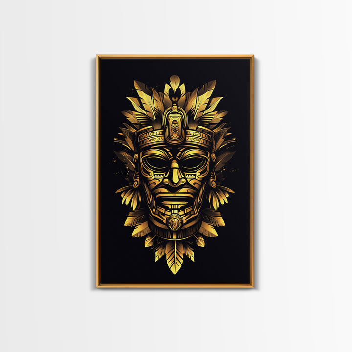 Ancient Aztec God Gold Canvas Print, Ornate Tribal Face Artwork, Ethnic Mythic Wall Decor, Real Wood Frame