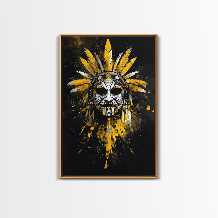 Aztec Skull Mask Gold Canvas Print, Ancient Tribal Face Art, Bold Splatter Style Wall Decor, Real Wood Frame