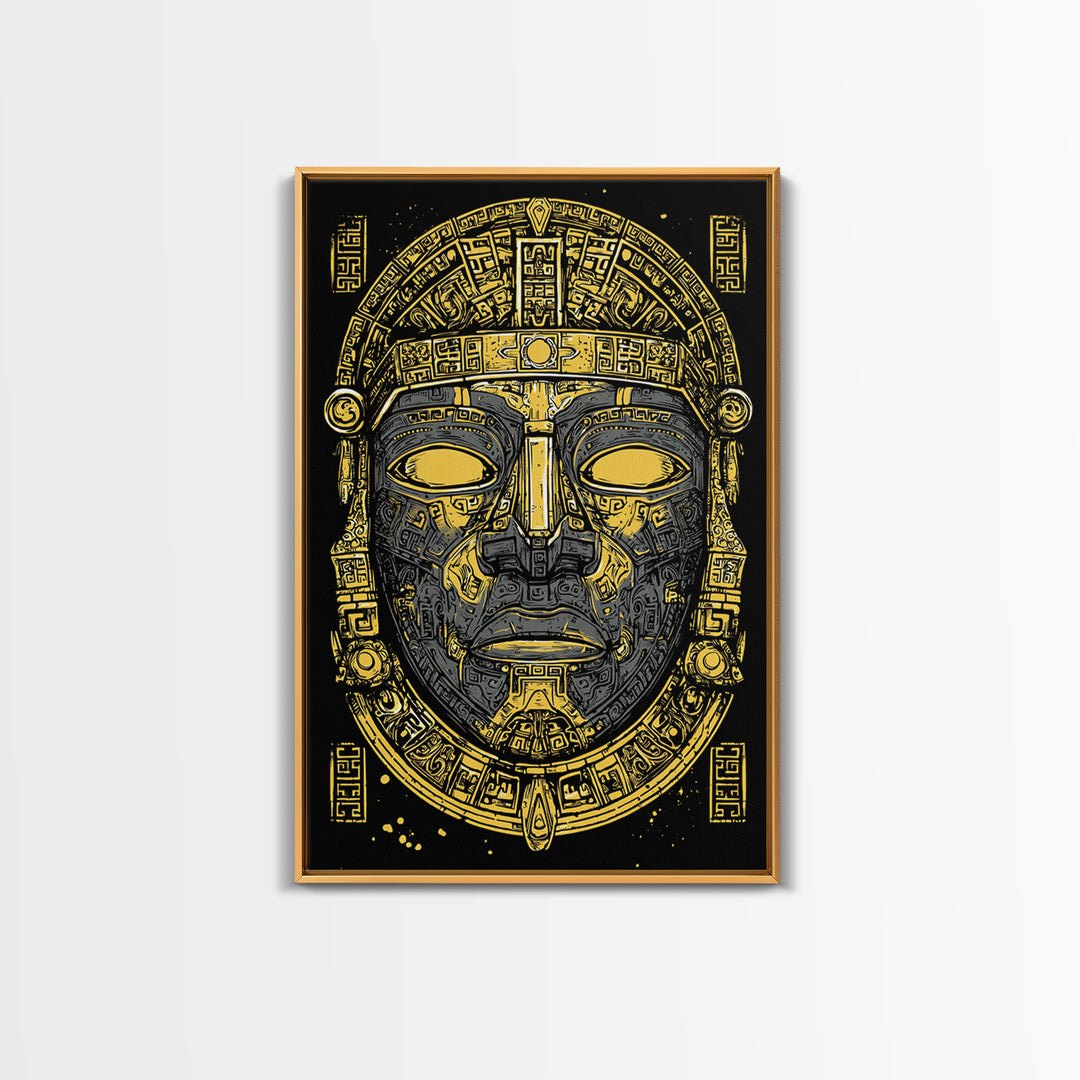 Aztec Warrior Sun Mask Gold Canvas Print, Ornate Tribal Face Artwork, Ancient Ethnic Wall Decor, Real Wood Frame