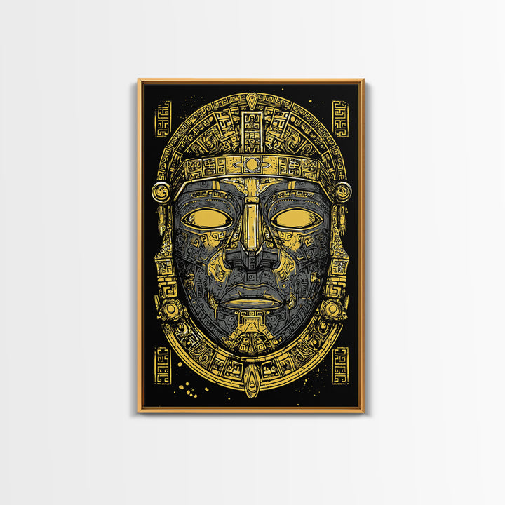 Aztec Warrior Sun Mask Gold Canvas Print, Ornate Tribal Face Artwork, Ancient Ethnic Wall Decor, Real Wood Frame