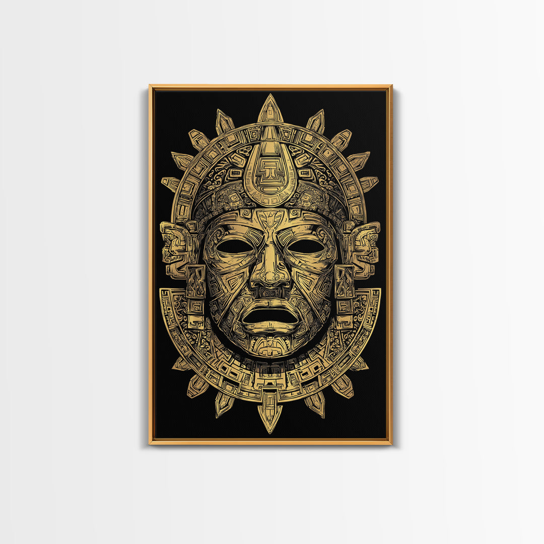 Aztec Deity Mask Gold Canvas Print, Ornate Tribal Face Artwork, Ancient Cultural Wall Hanging, Real Wood Frame