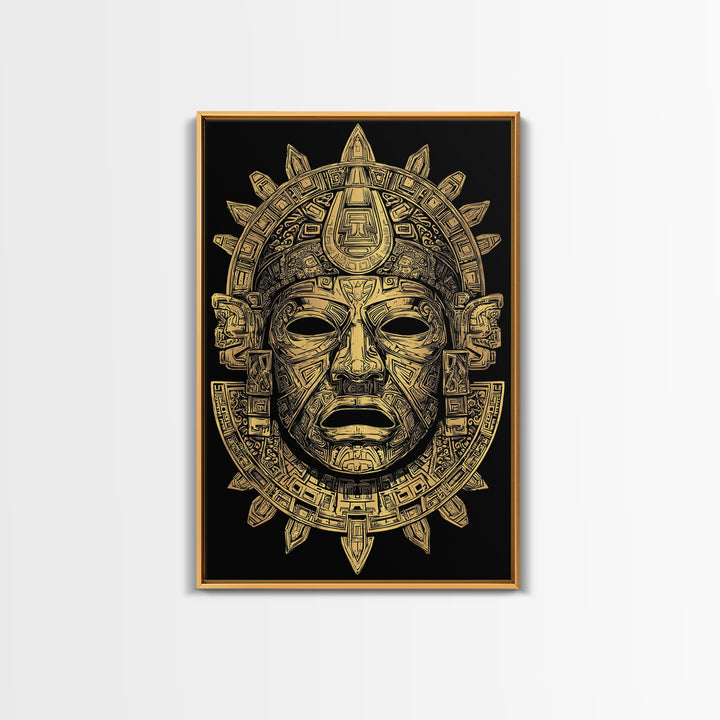 Aztec Deity Mask Gold Canvas Print, Ornate Tribal Face Artwork, Ancient Cultural Wall Hanging, Real Wood Frame
