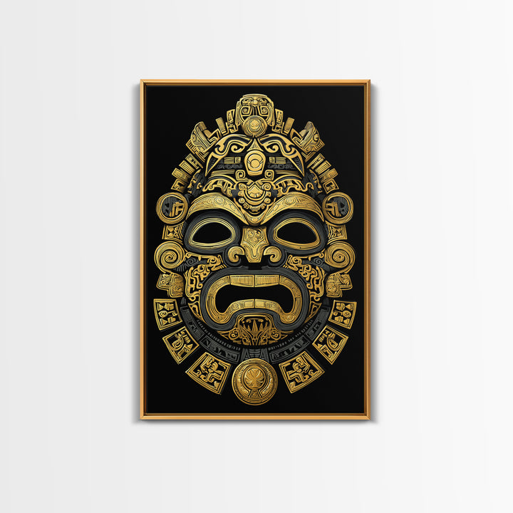 Aztec Feathered God Mask Gold Canvas Print, Ornate Tribal Face Artwork, Ancient Ethnic Wall Decor, Real Wood Frame