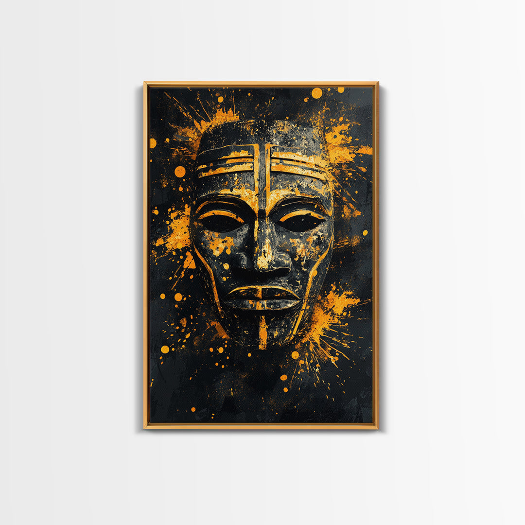 Bakongo Ritual Mask Gold Canvas Print, African Ethnic Face Art, Spiritual Tribal Wall Hanging Decor, Real Wood Frame