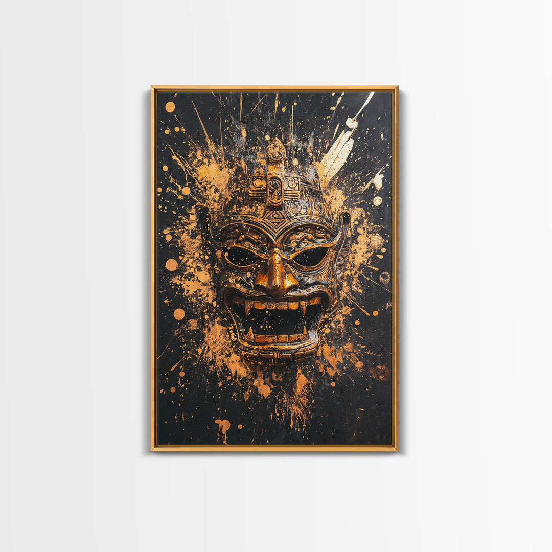 Balinese Demon Mask Gold Canvas Print, Ornate Tribal Face Art, Mythical Splatter Style Wall Decor, Real Wood Frame