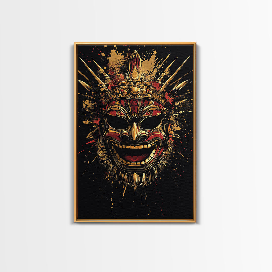 Balinese Guardian Mask Gold Canvas Print, Ornate Tribal Face Artwork, Cultural Ethnic Wall Decor, Real Wood Frame