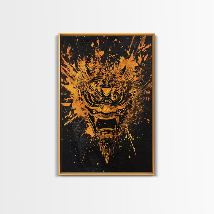 Balinese Spirit Mask Gold Canvas Print, Ornate Tribal Face Artwork, Cultural Mythic Wall Decor, Real Wood Frame