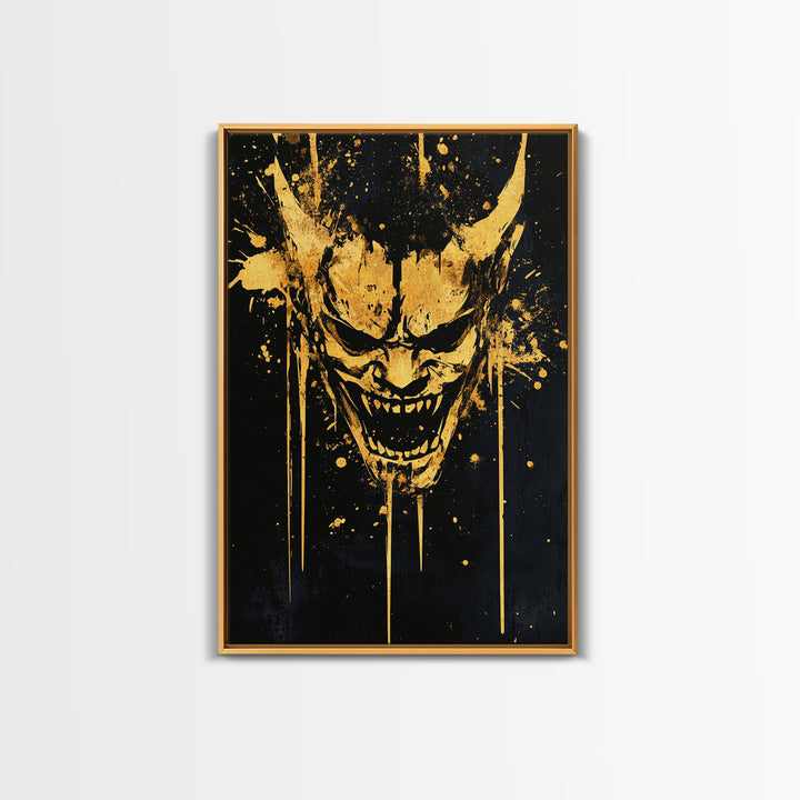 Demonic Splatter Mask Gold Canvas Print, Fierce Abstract Face Art, Bold Horror Inspired Wall Decor, Real Wood Frame