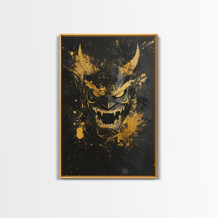 Oni Demon Mask Gold Canvas Print, Japanese Inspired Splatter Artwork, Fierce Mythical Wall Decor, Real Wood Frame